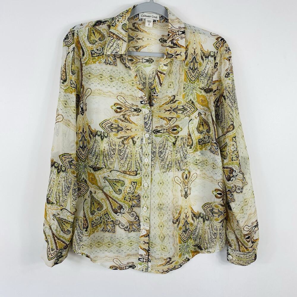 Coldwater Creek Top Small Blouse Long Sleeve Button Front Sheer Printed